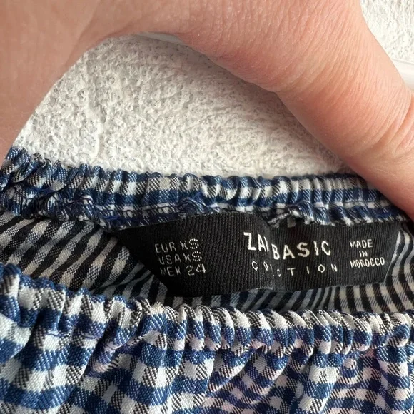 ZARA gingham cropped puff sleeve tie sleeve off shoulder blouse blue&white XS - Picture 3 of 7